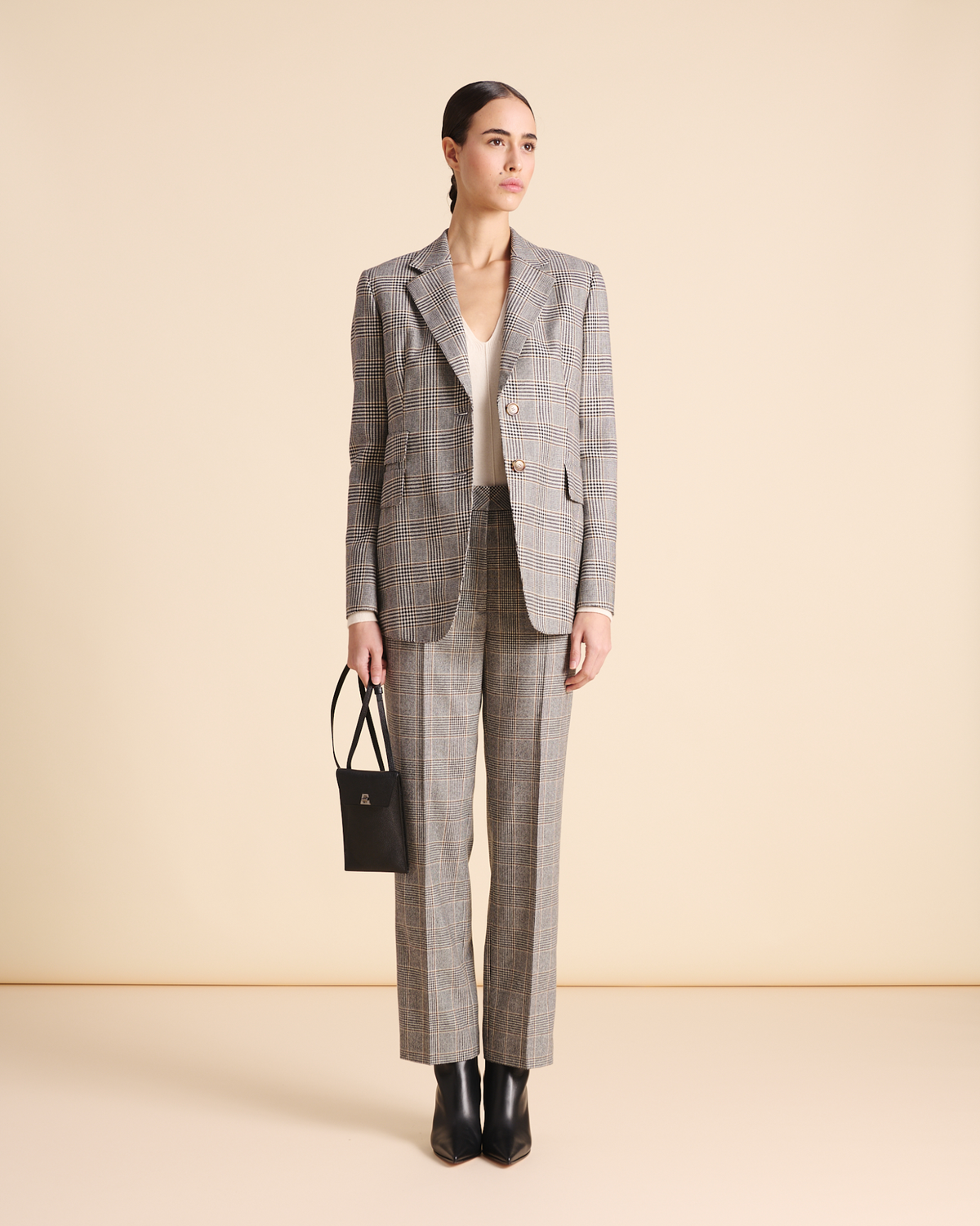 Designer Tapered Plaid Pure Cashmere Pants - black - neutral - multicolor