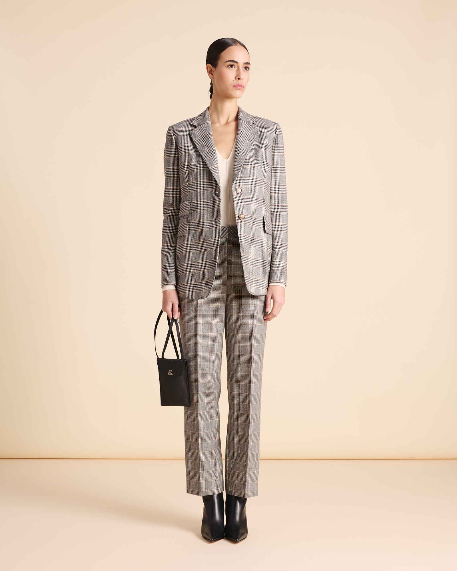 Designer Tapered Plaid Pure Cashmere Pants - black - neutral - multicolor