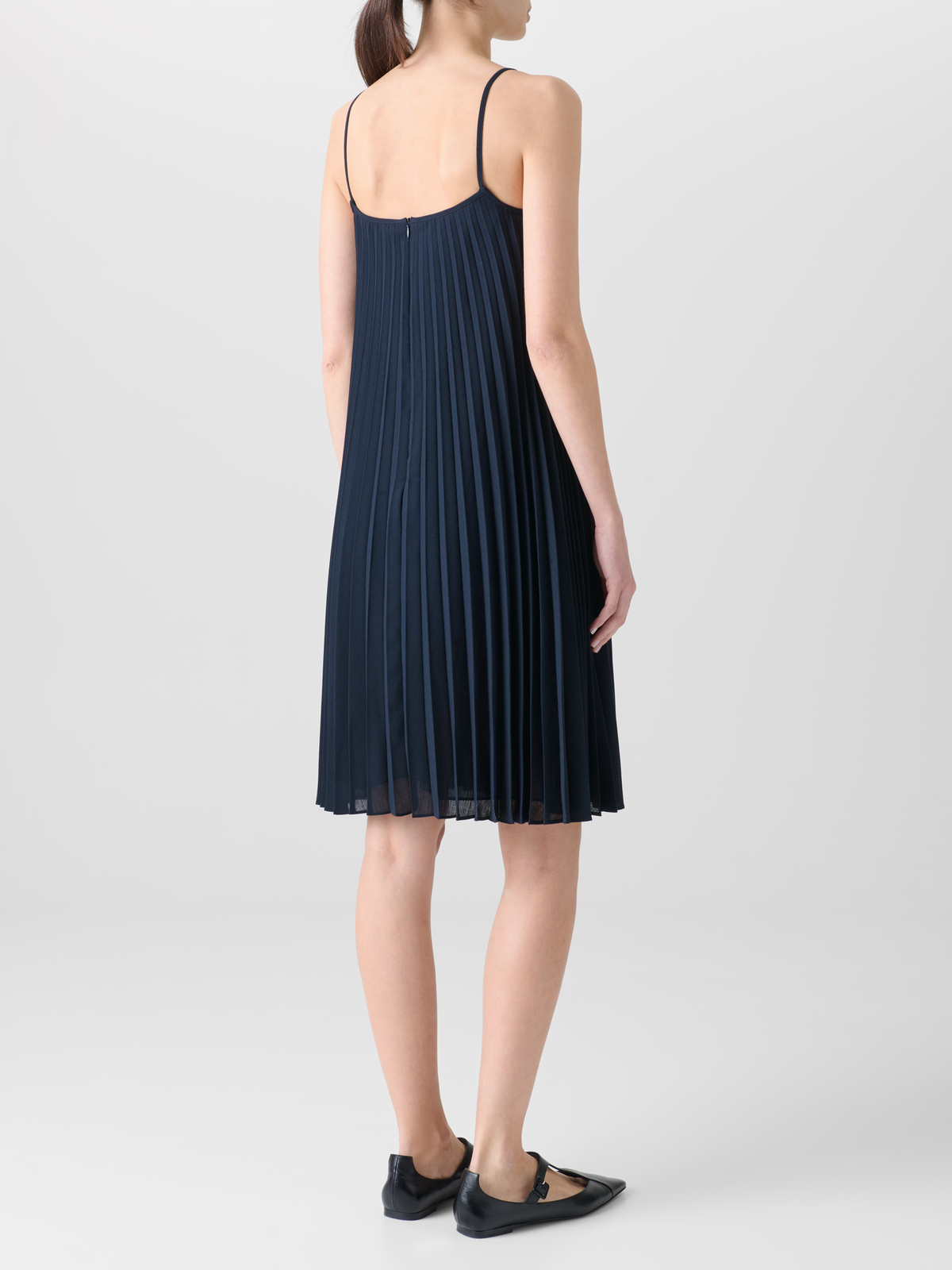 Designer A-Line Plissee Dress in Knee Length - neutral - navy - blue #editorial