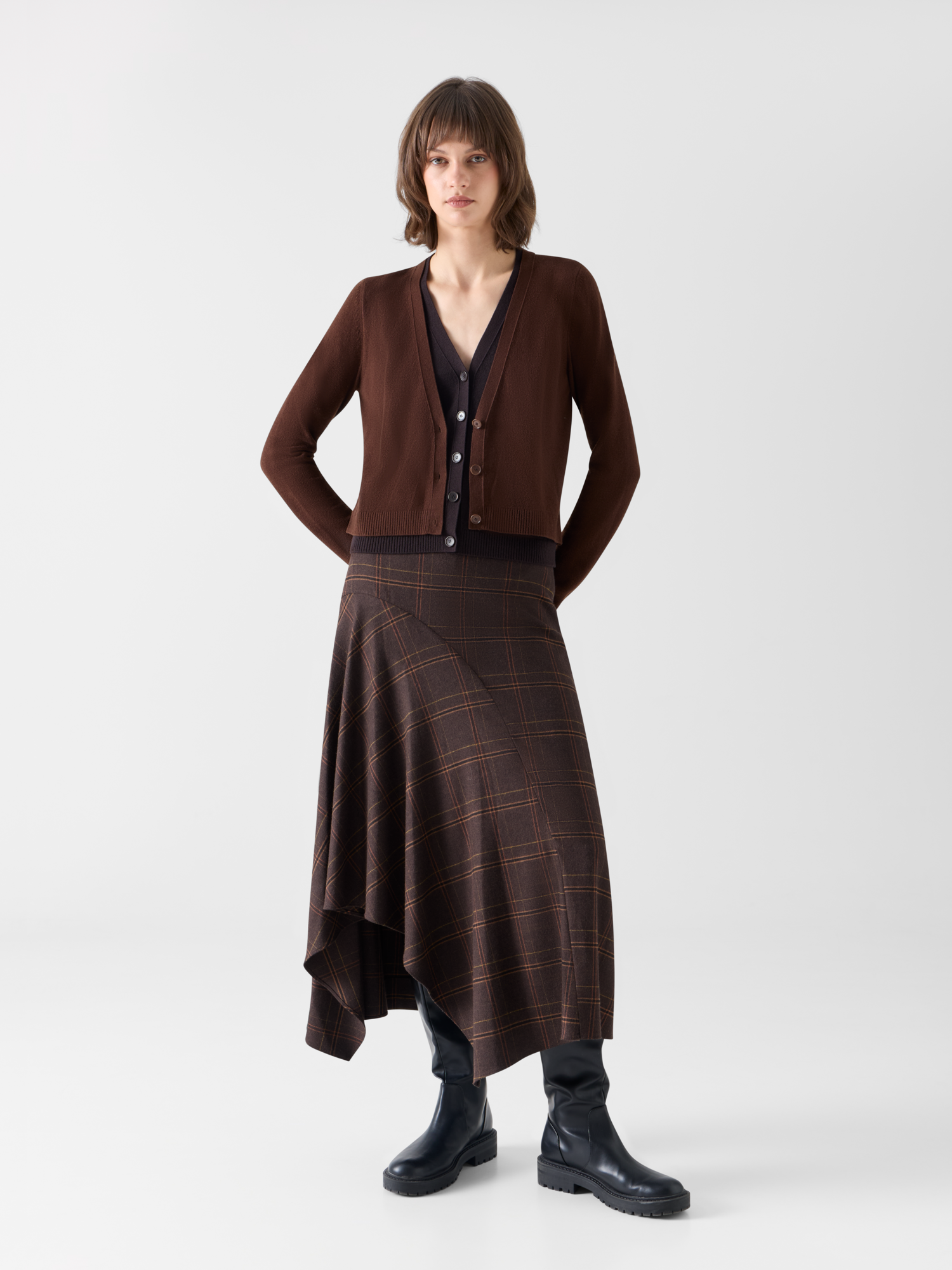 Designer Wool Cashmere Cardigan with V-Neck Trompe l'Oeil - brown 