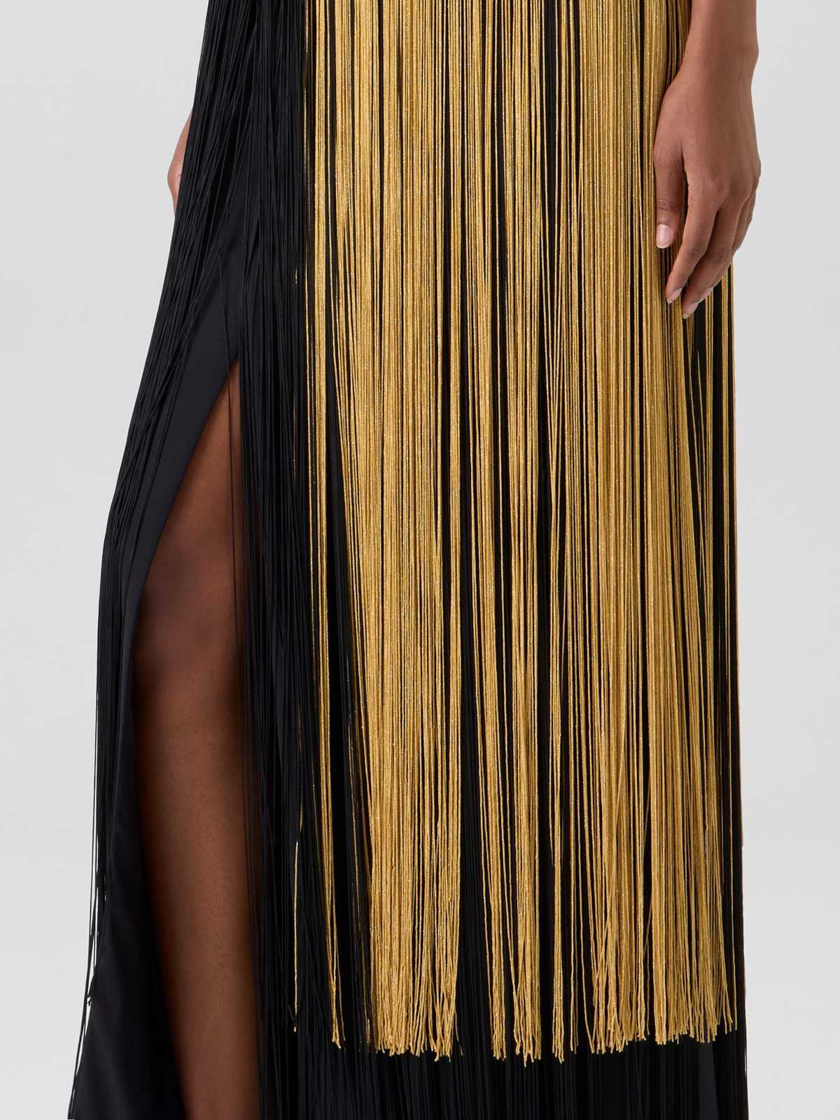 Designer Silk Gown with Oro Lienzo Maxi Fringes - black - multicolor - gold 