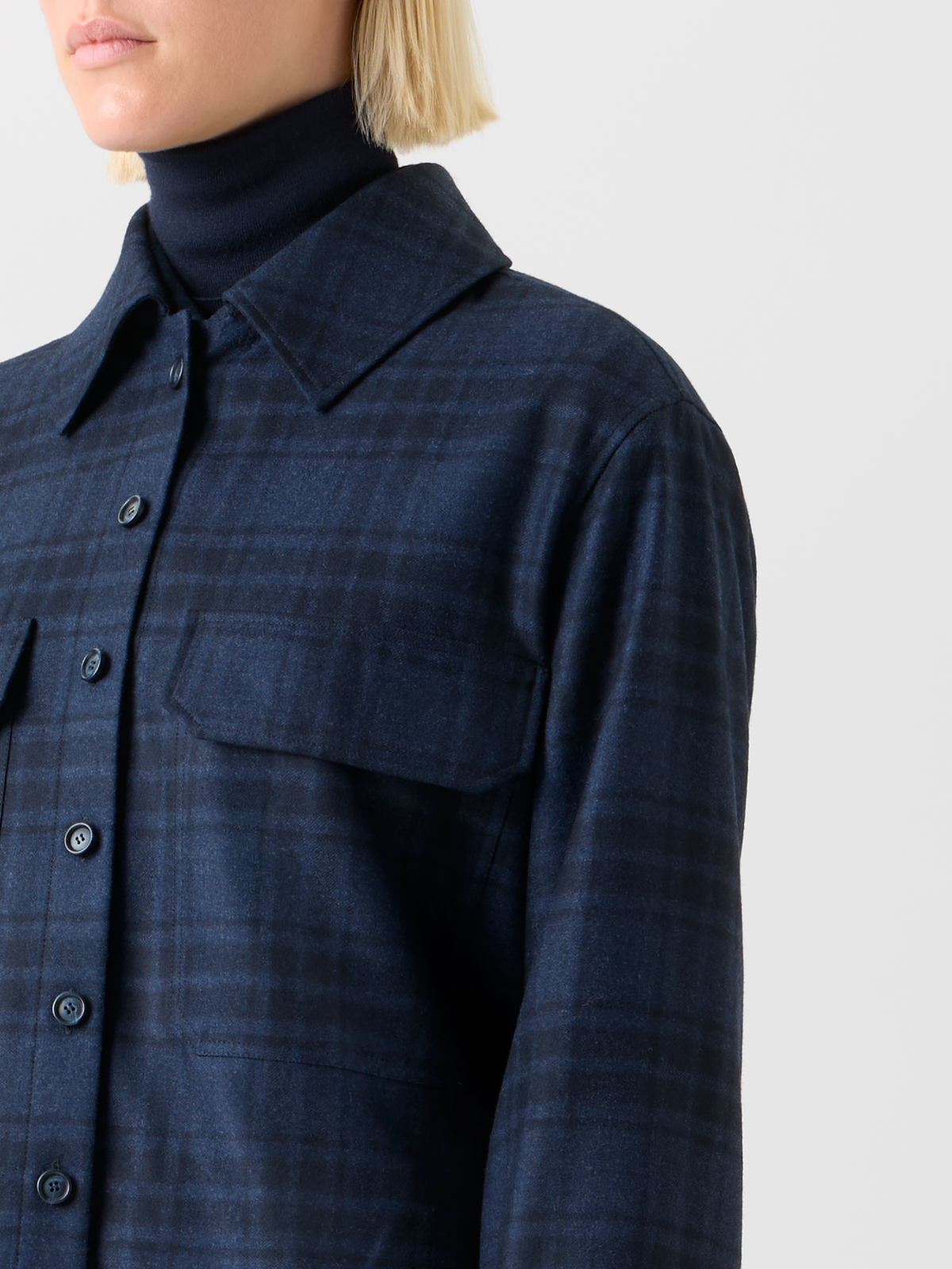 Designer Oversized Wool Flannel Plaid Shirt Jacket - neutral - navy - blue #editorial