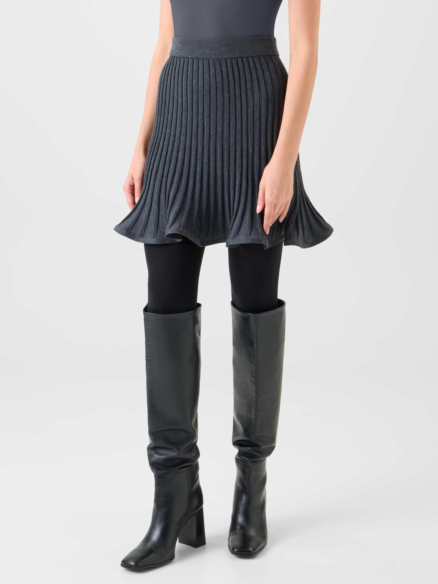 Designer Flared Merino Wool Rib Knit Mini Skirt - neutral - grey 