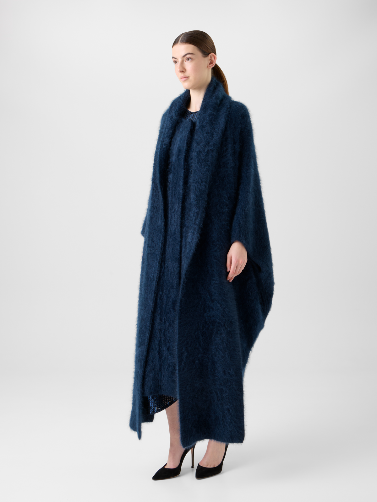 Designer Long Cashmere Cape with Removable Scarf Hood - neutral - navy - blue #editorial