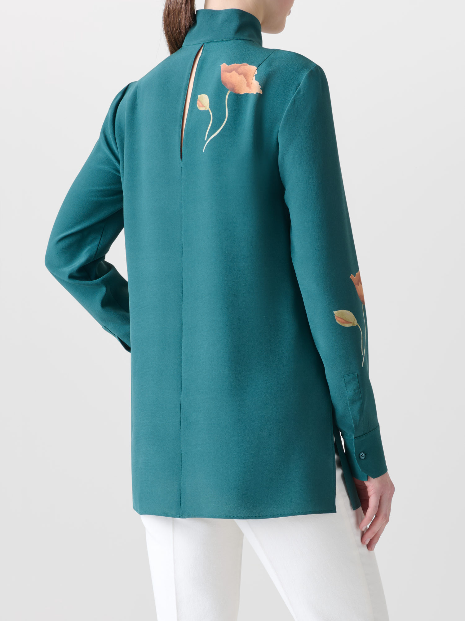 Designer Silk Tunic Blouse with Anemone Print - green - multicolor 