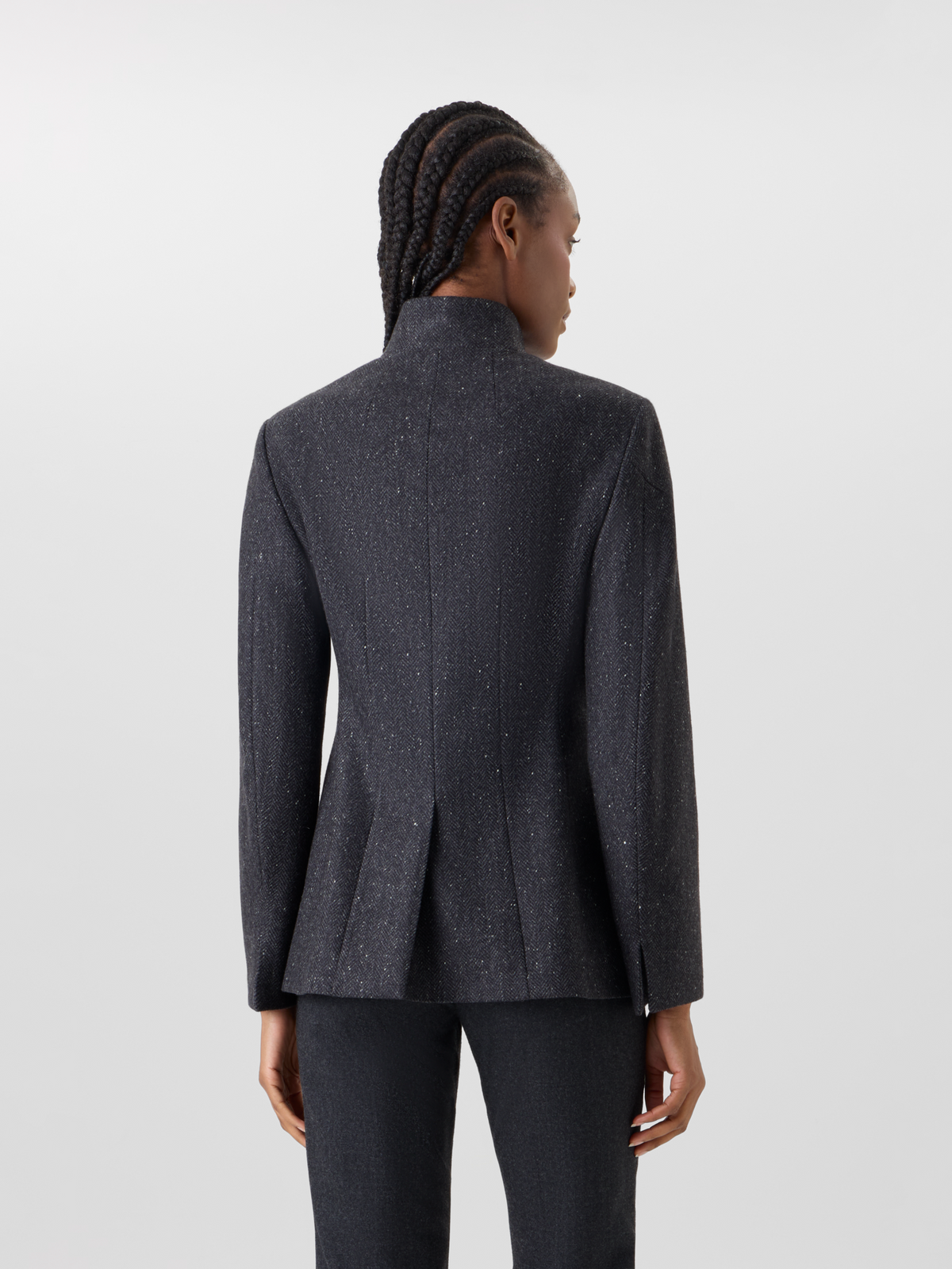 Designer Fitted Herringbone Cashmere Jacket with Four Pockets - grey 
