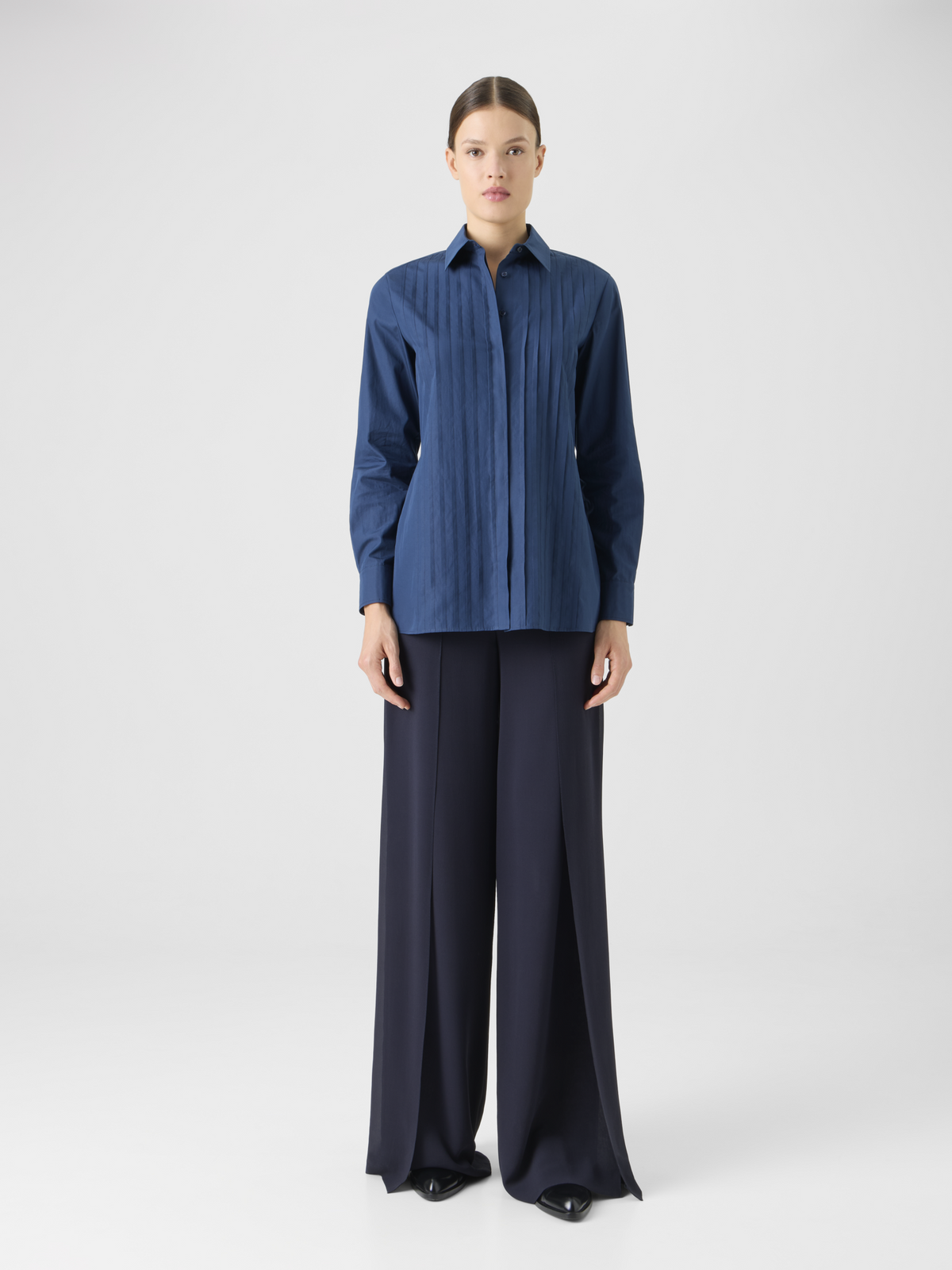 Designer Cotton Poplin Blouse with Pleated Front - blue #editorial