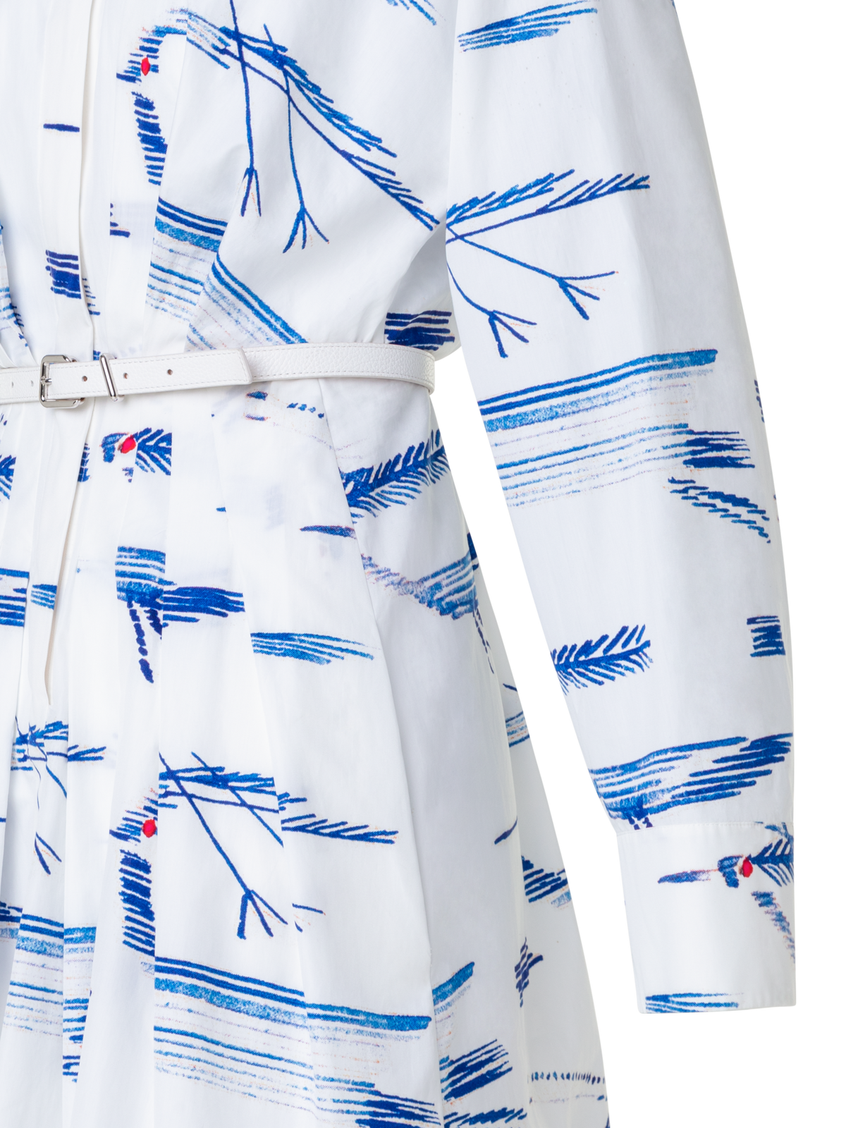 Designer Pleated Shirt Dress with Kasuri Birds Print - blue - multicolor - ecru - white