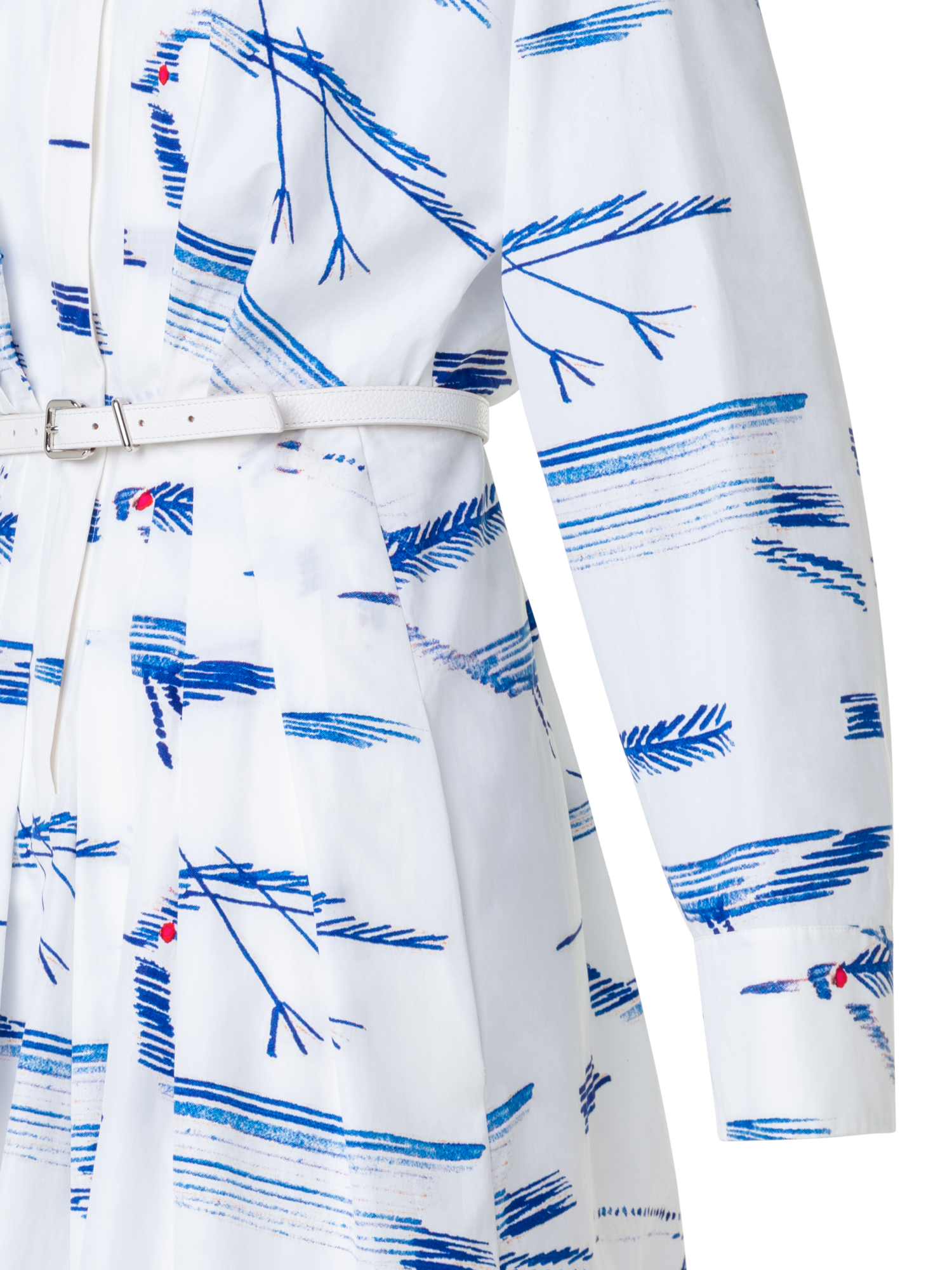 Designer Pleated Shirt Dress with Kasuri Birds Print - blue - multicolor - ecru - white