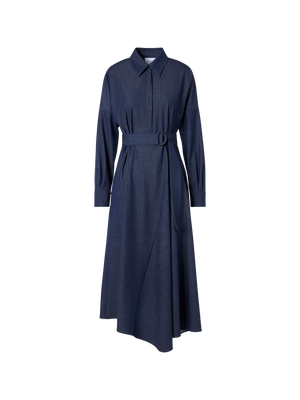 Designer Fluid Denim Midi Dress with Handkerchief Hem - navy