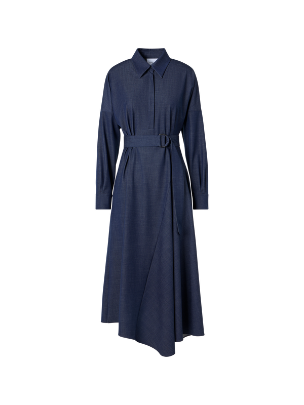 Designer Fluid Denim Midi Dress with Handkerchief Hem - navy