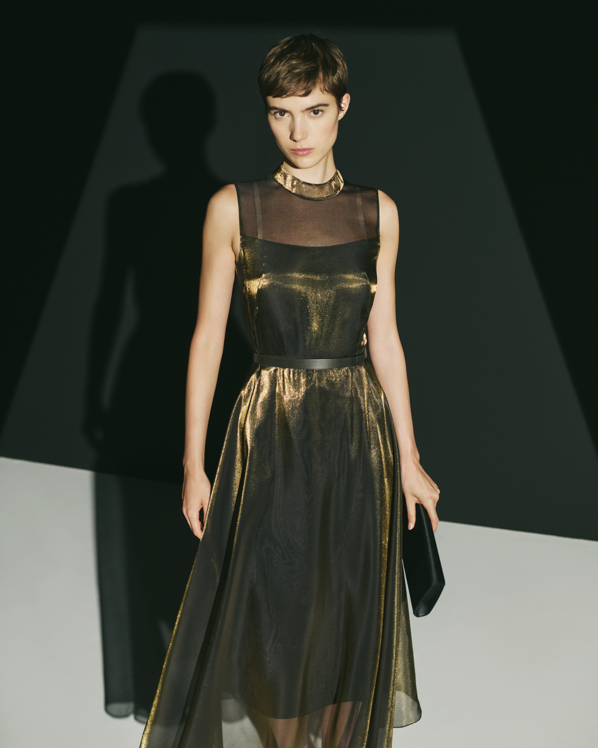 Designer Sheer Shimmer Silk Blend Organza Midi Dress - black - multicolor - gold #editorial