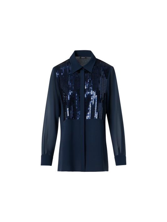Designer Silk Georgette Blouse with Sequins Plastron - navy - blue