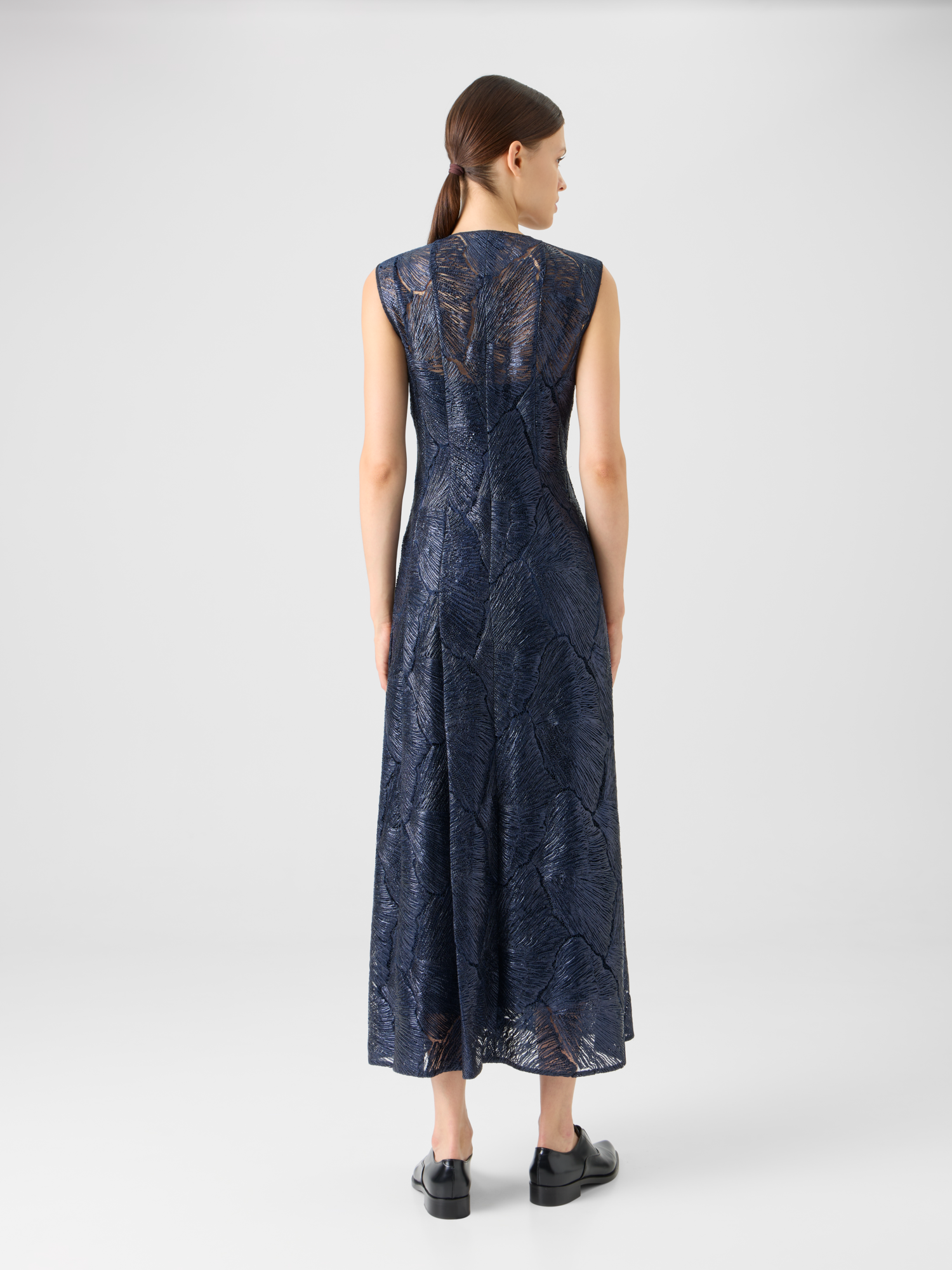 Designer Lacquered Sea Fan Lace Midi Dress - navy - blue 