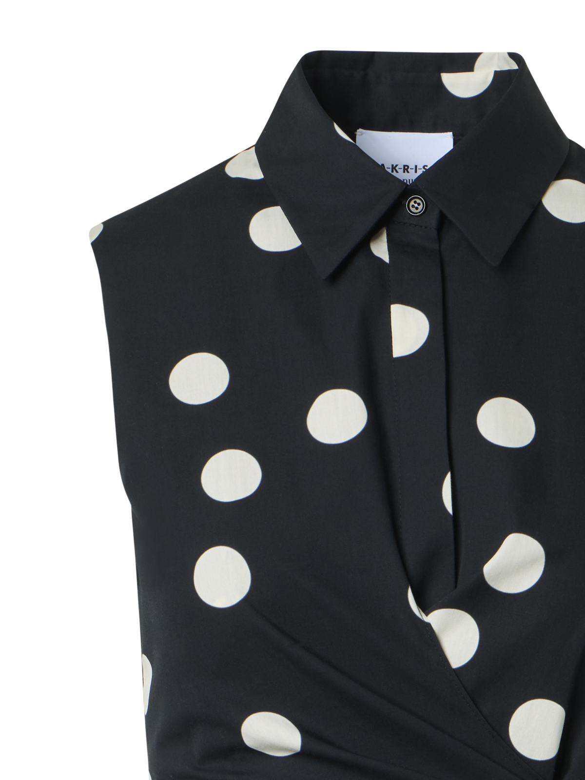 Designer Polka Dot Wrap Midi Dress in Cotton Poplin - black