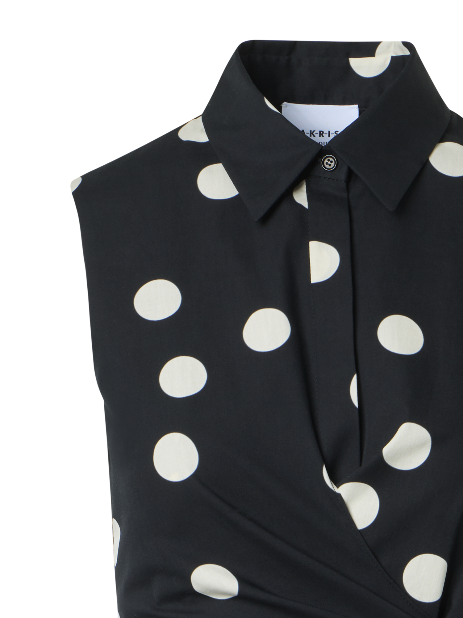 Designer Polka Dot Wrap Midi Dress in Cotton Poplin - black