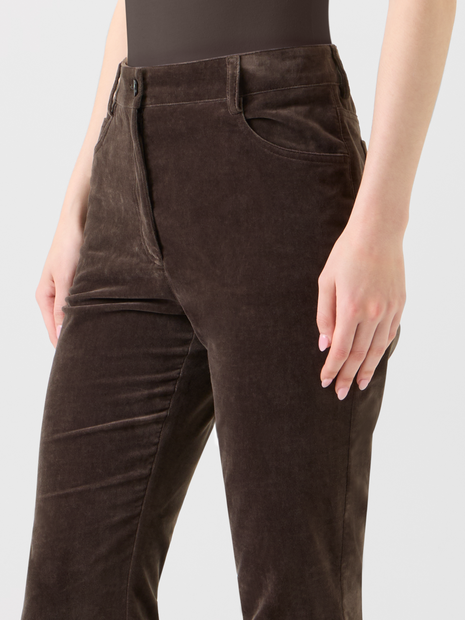 Designer Cropped Bootcut Stretch Cotton Velvet Pants - neutral - brown 