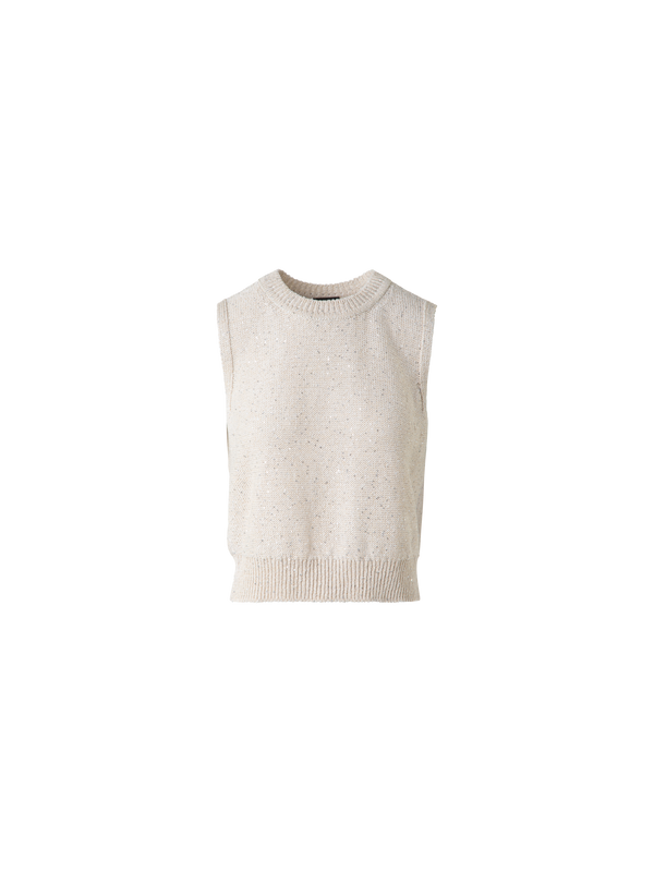 Designer Sleeveless Linen Cotton Knit Top with Sequins - neutral - pastel - beige