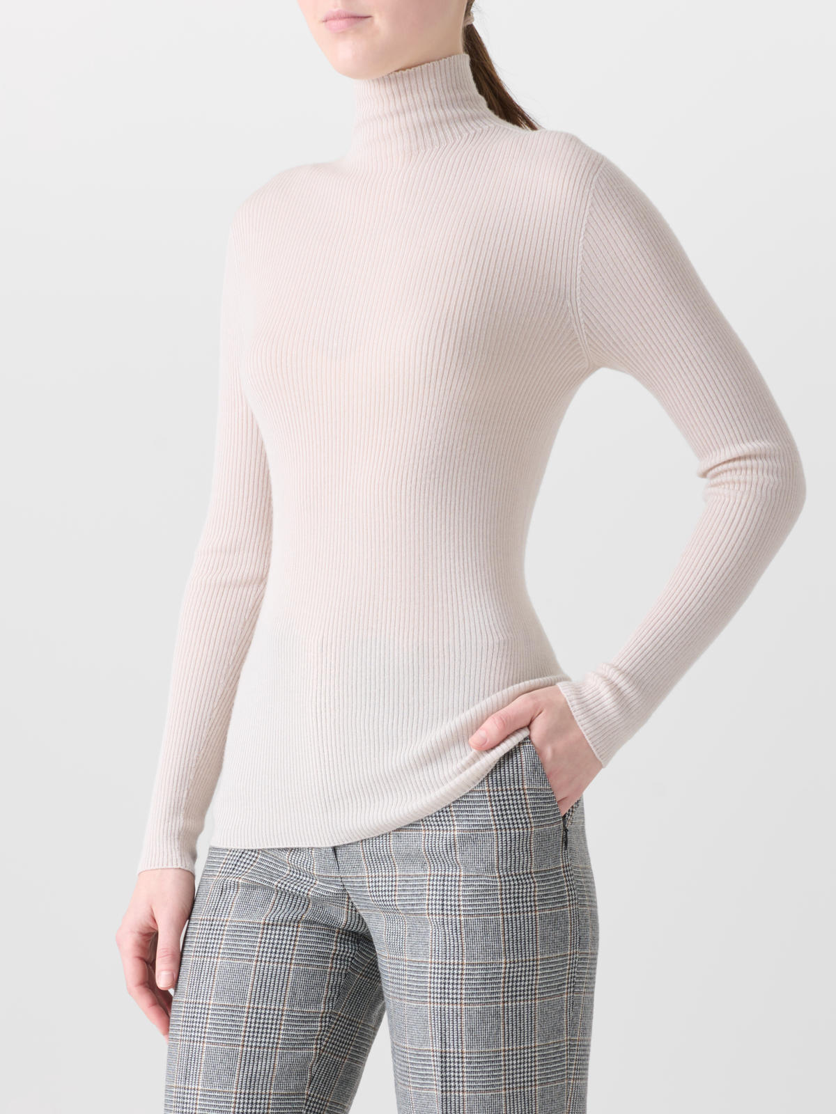 Designer Fine Rib Cashmere Silk Mock Neck Pullover - neutral - pastel - beige