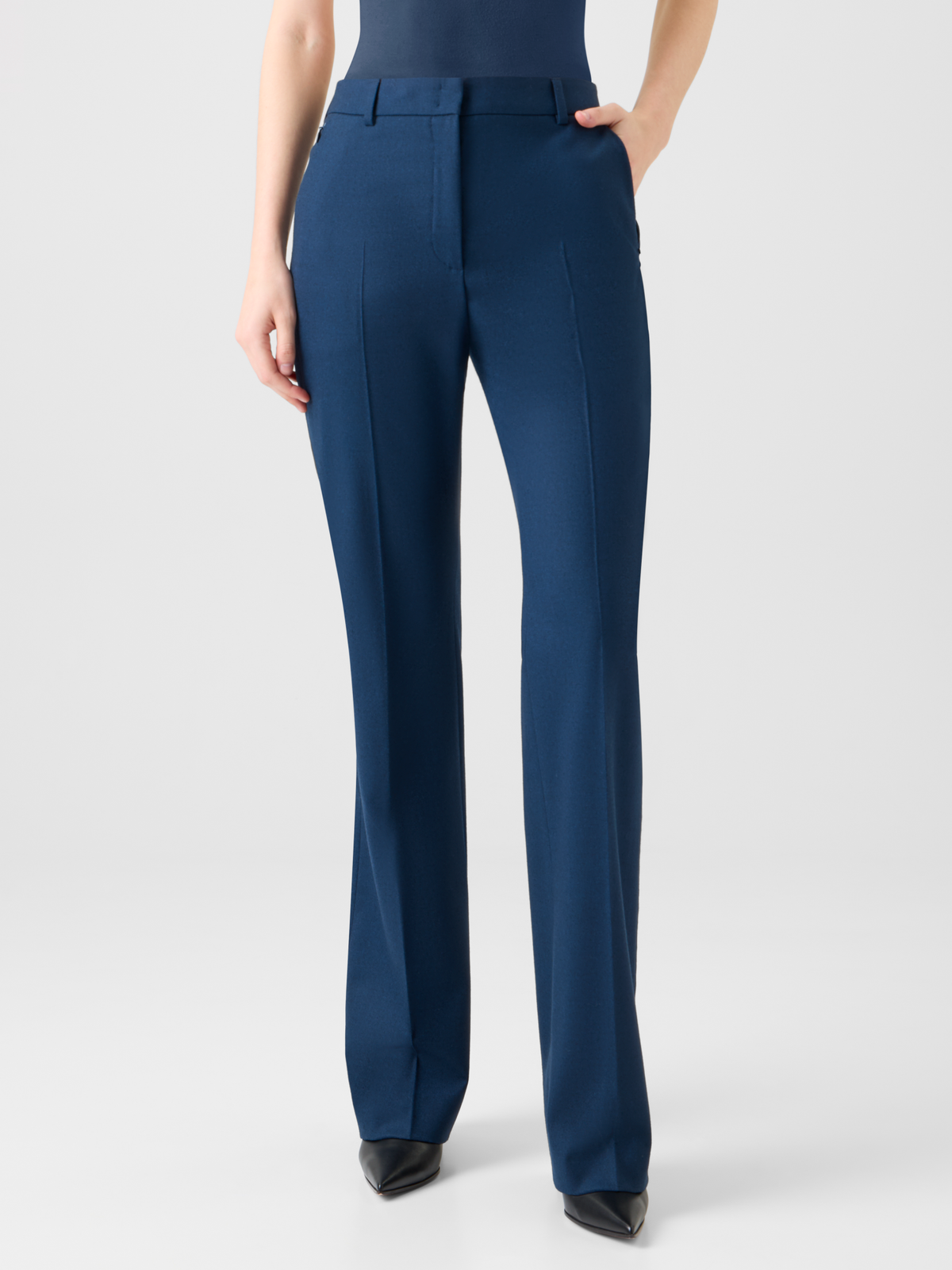 Designer Slight Bootcut Stretch Wool Flannel Pants - neutral - navy - blue #editorial