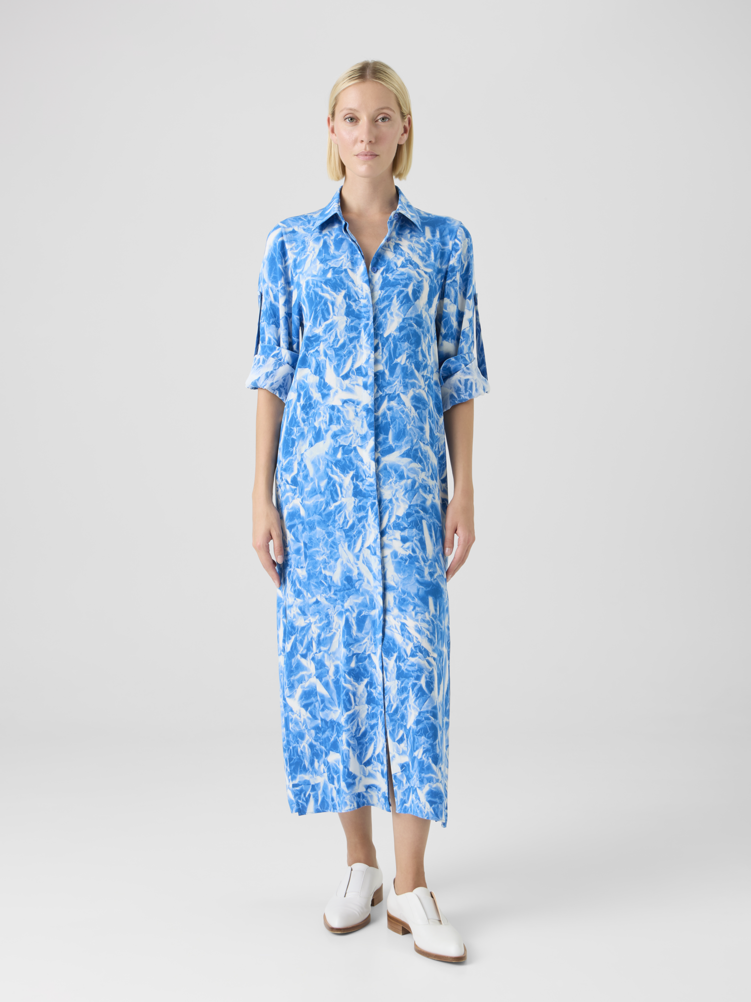 Designer Whitecaps Print Silk Crêpe Midi Tunic Dress - blue - ecru 