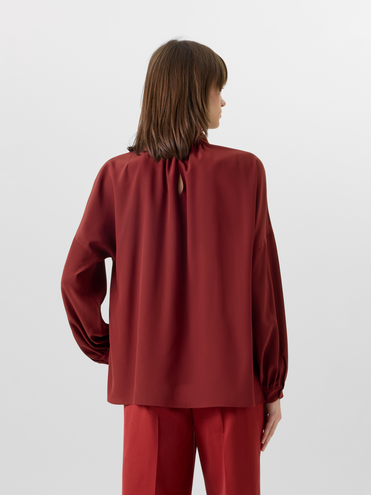 Designer Long-Sleeve Silk Crêpe de Chine Blouse - red #editorial