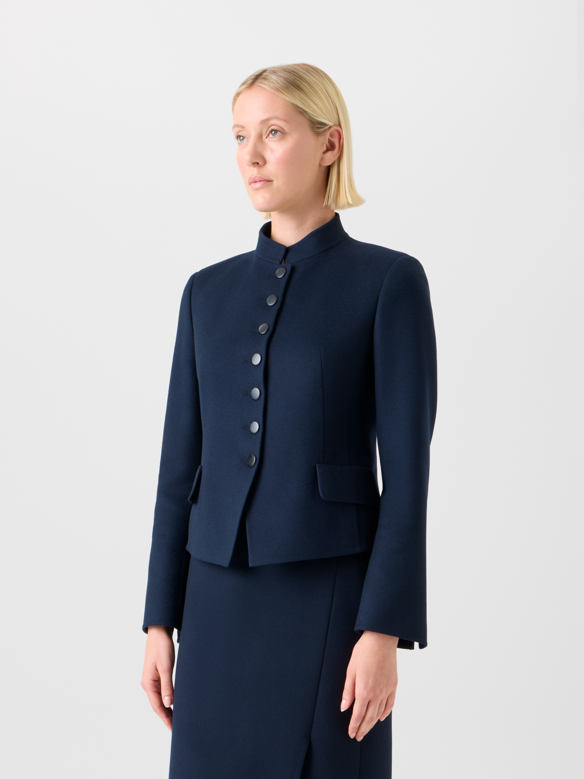Designer Short Fitted Wool Flannel Double-Face Jacket - neutral - navy - blue #editorial