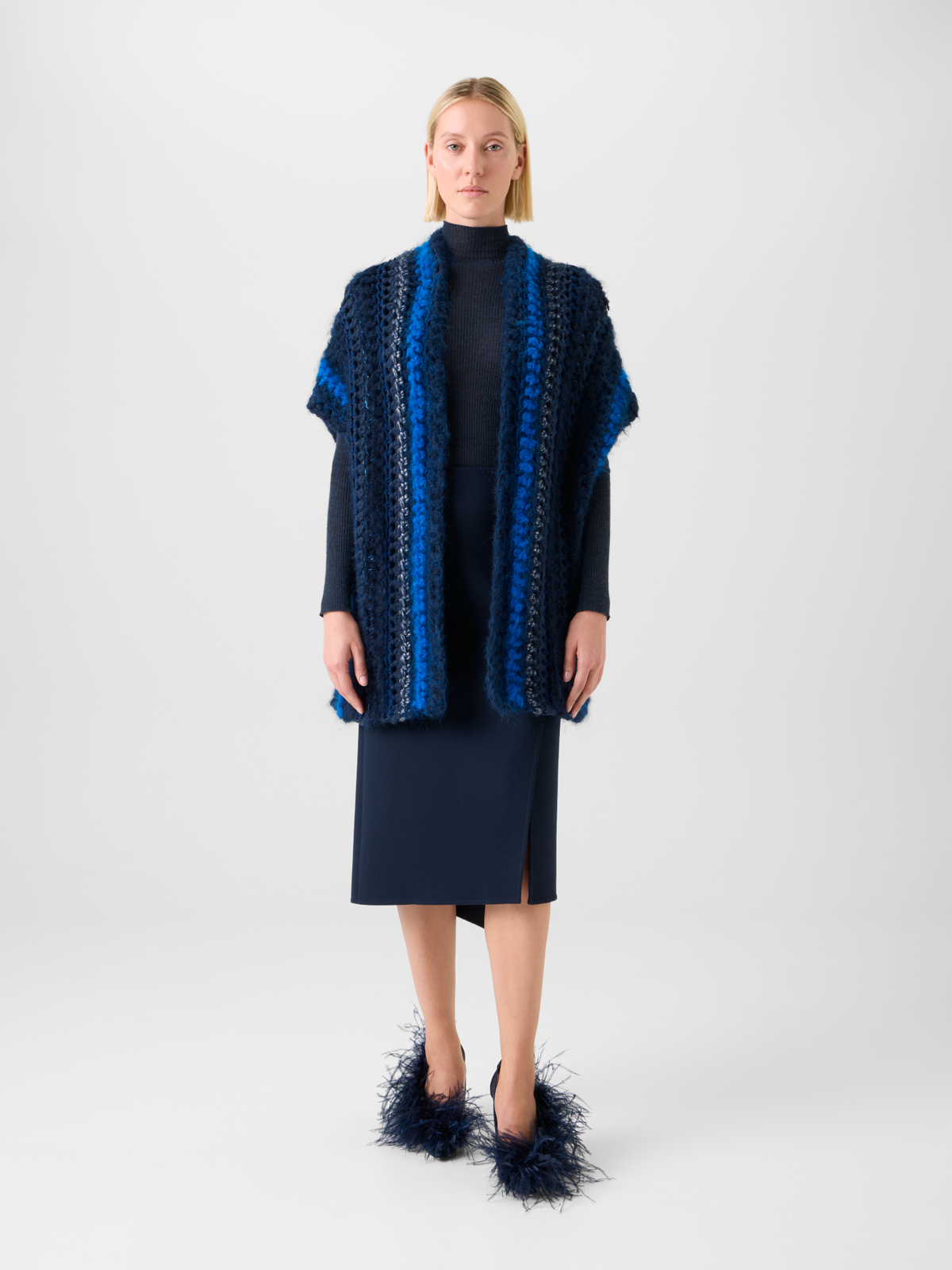 Designer Chunky Crocheted Cashmere Silk Striped Gilet - blue - multicolor #editorial