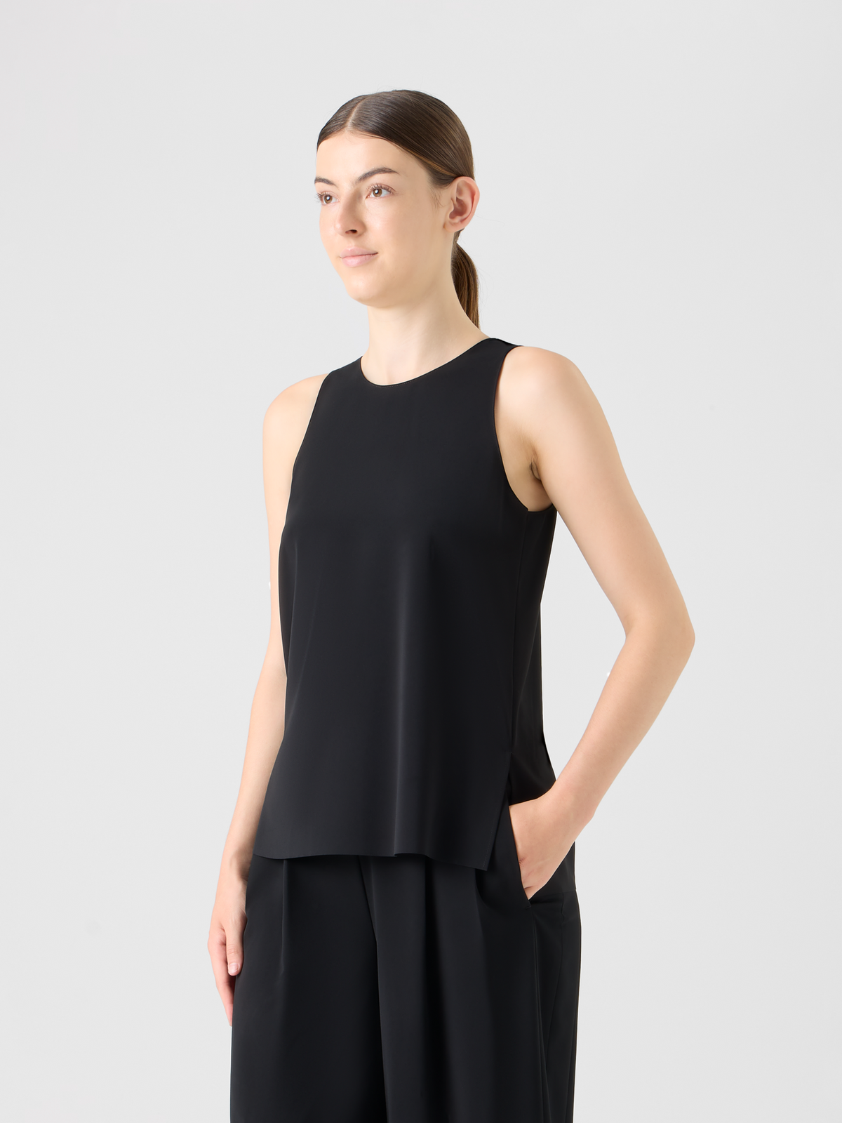Designer Signature Laser-Cut Sleeveless Blouse - black #editorial