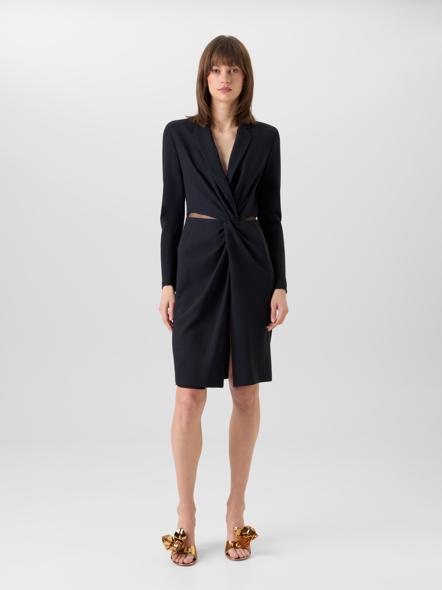 Designer Wool Double-Face Dress with Knot Waist - black 