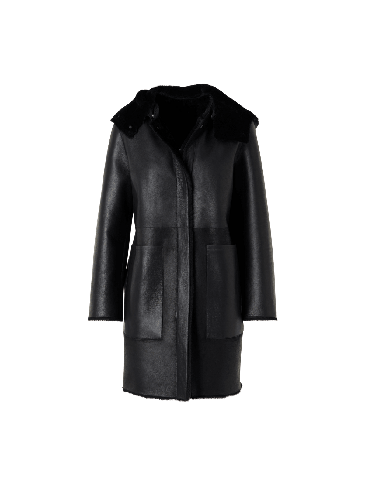 Designer Reversible Lamb Shearling Coat with Detachable Hood - black