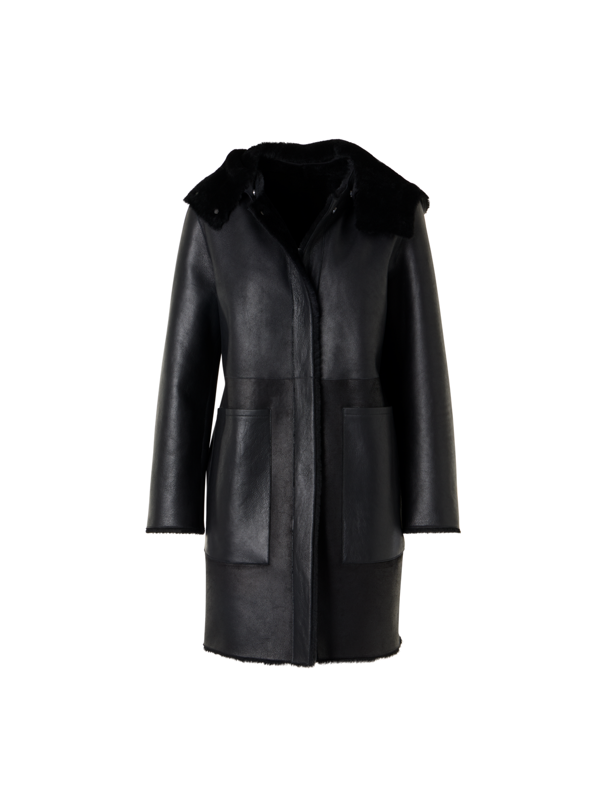 Designer Reversible Lamb Shearling Coat with Detachable Hood - black