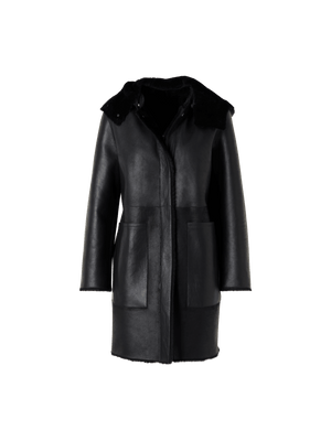 Designer Reversible Lamb Shearling Coat with Detachable Hood - black