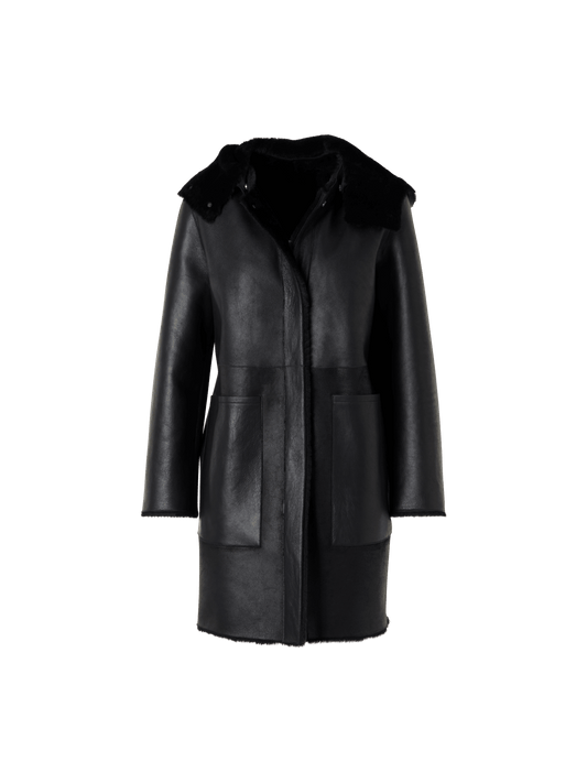 Designer Reversible Lamb Shearling Coat with Detachable Hood - black