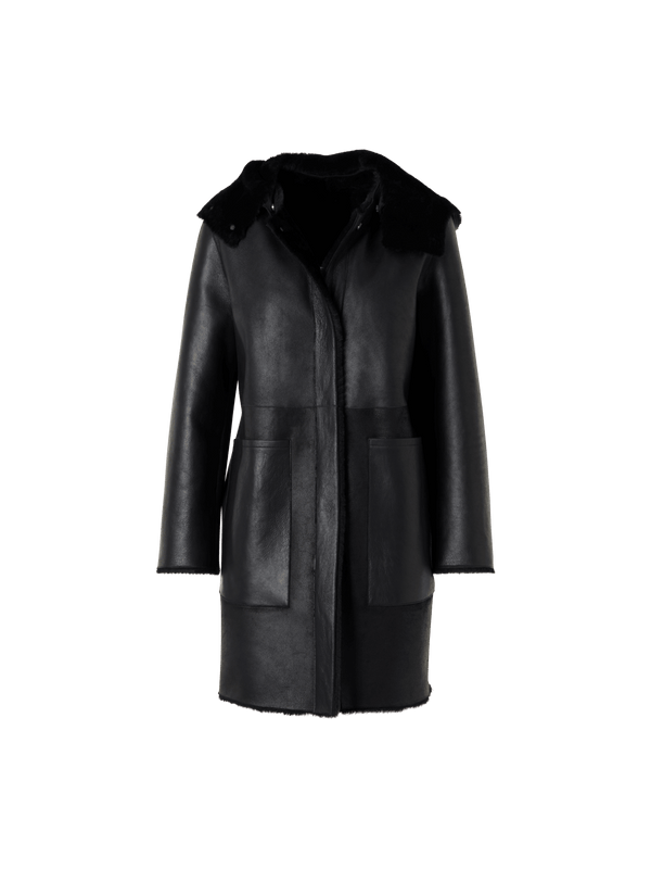 Designer Reversible Lamb Shearling Coat with Detachable Hood - black