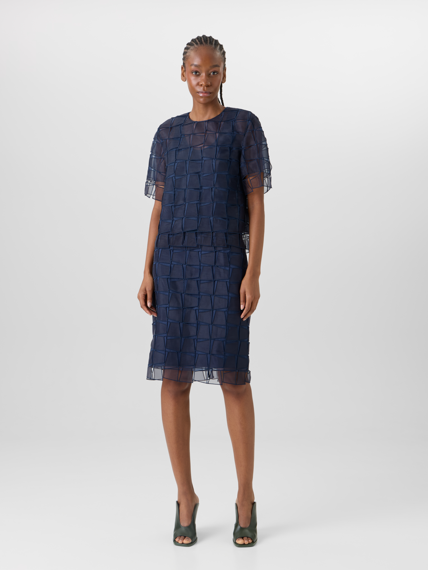 Designer Trapezoid Organza Pencil Skirt - navy 