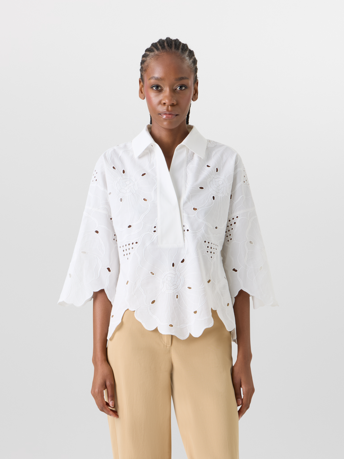 Designer 3/4-Sleeve Flower Eyelet Blouse - white #editorial