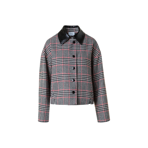 Glencheck Tweed Jacket with Faux Leather Collar