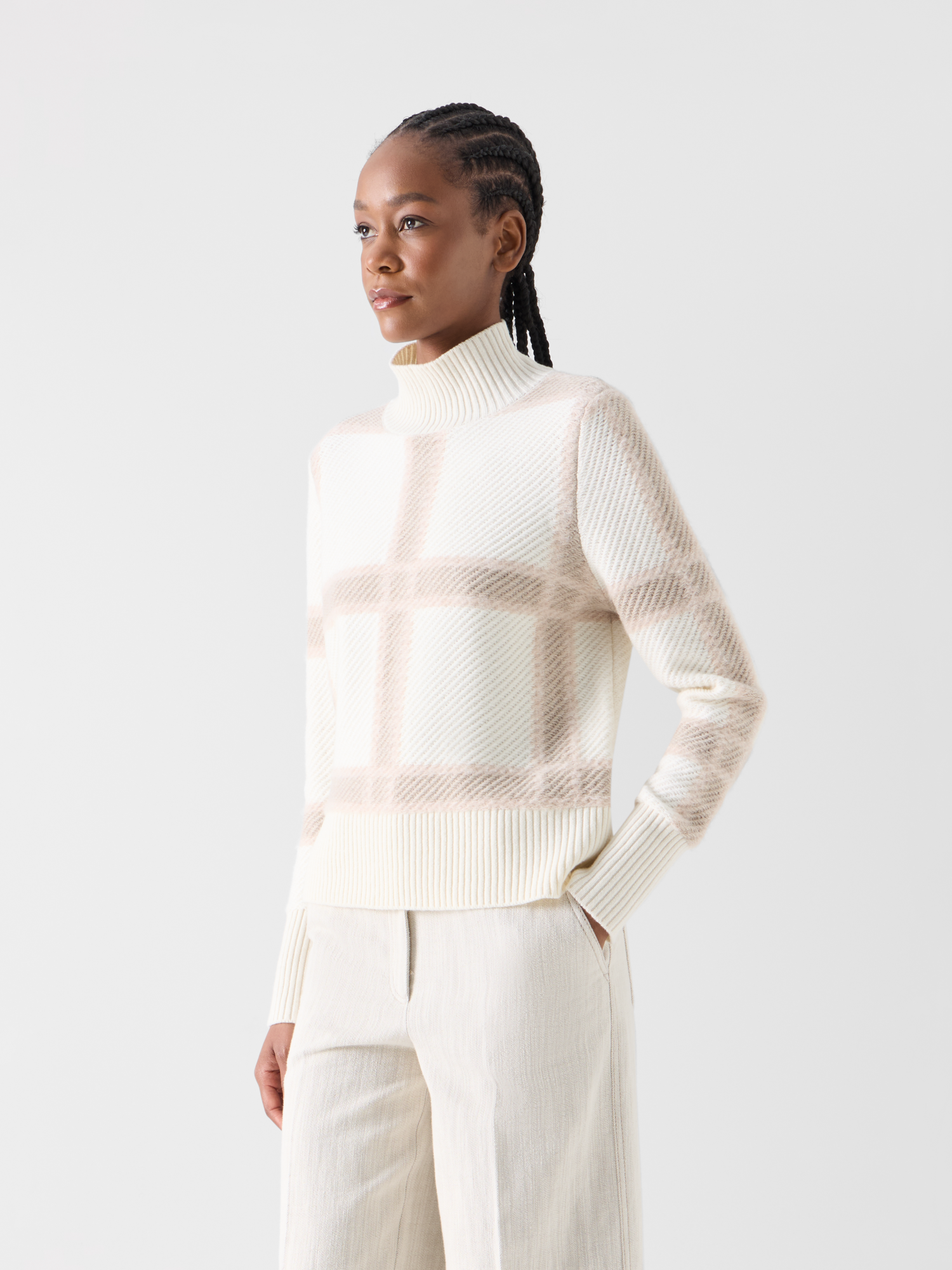 Designer Wool Cashmere Sweater with Intarsia Plaid - ecru - multicolor 