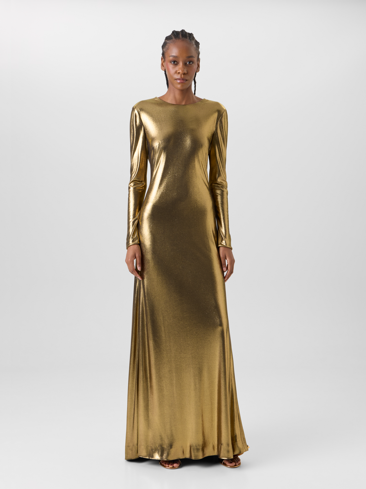 Designer Lamé Jersey Gown with Open Back and Knot Detail - gold 