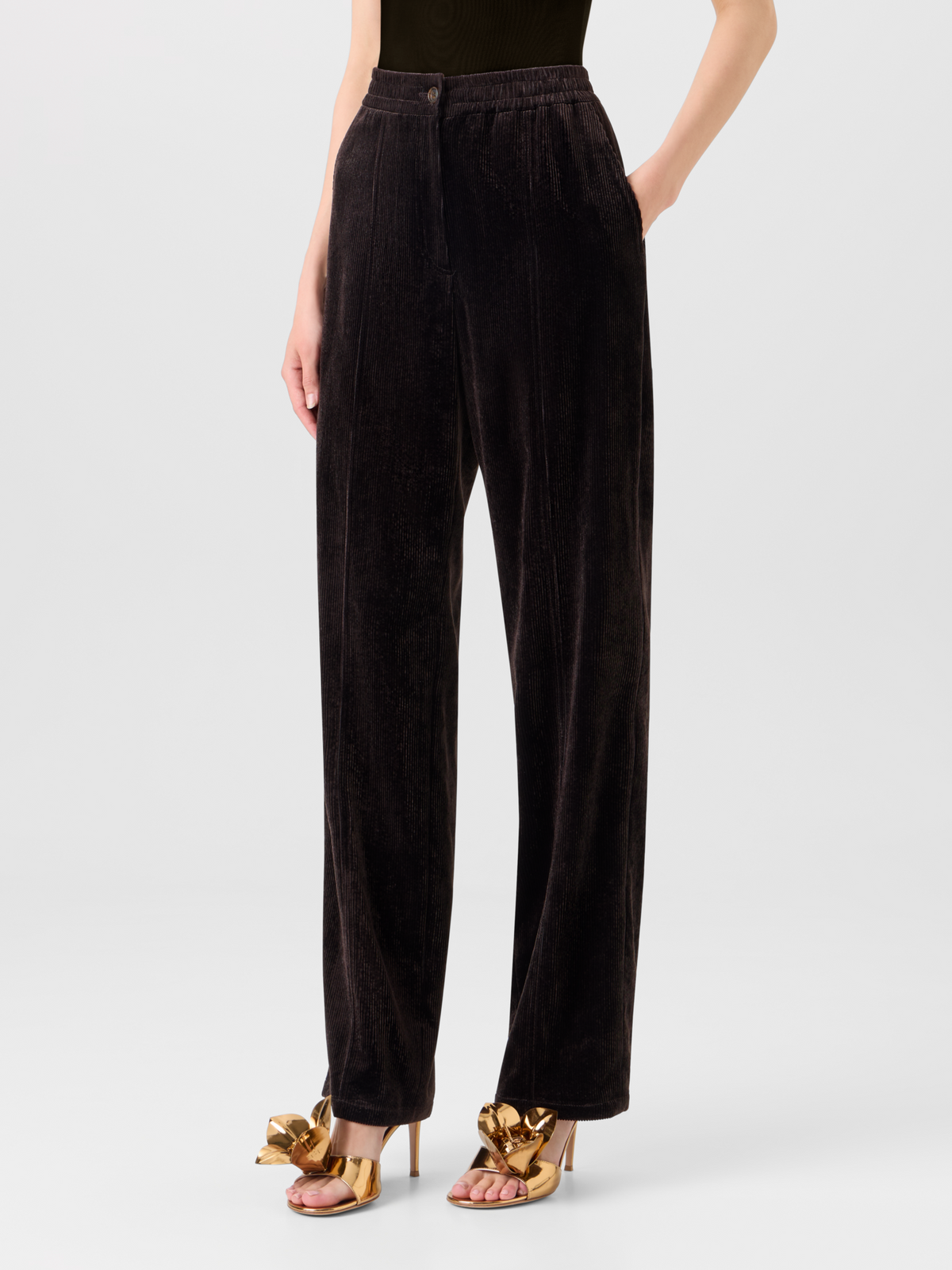 Designer Pants with Elastic Waist in Viscose Corduroy - brown #editorial