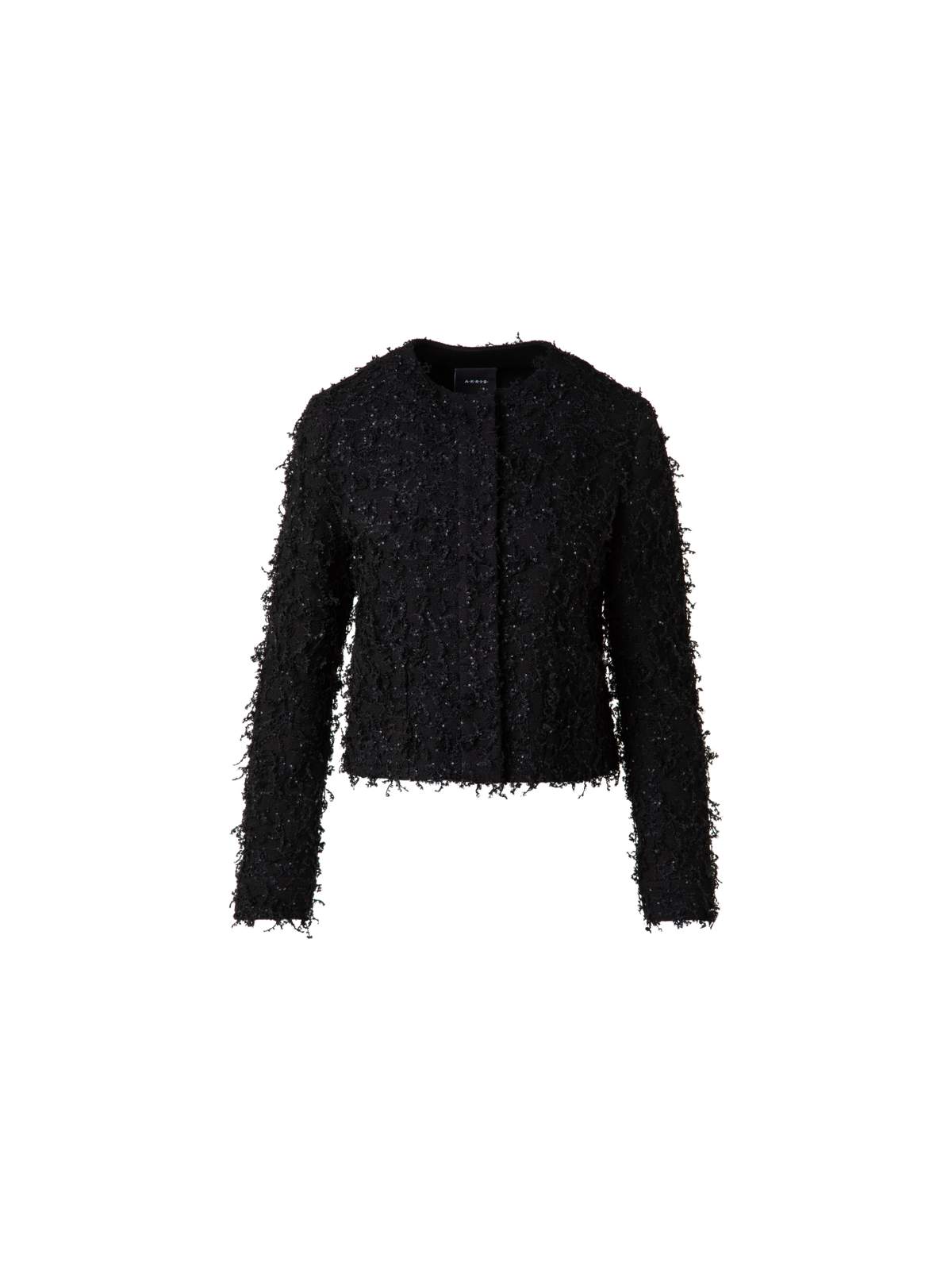 Designer Short Jacket with Micro Sequins Fringed Bouclé - black