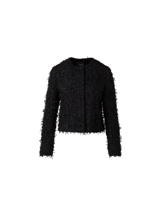 Designer Short Jacket with Micro Sequins Fringed Bouclé - black