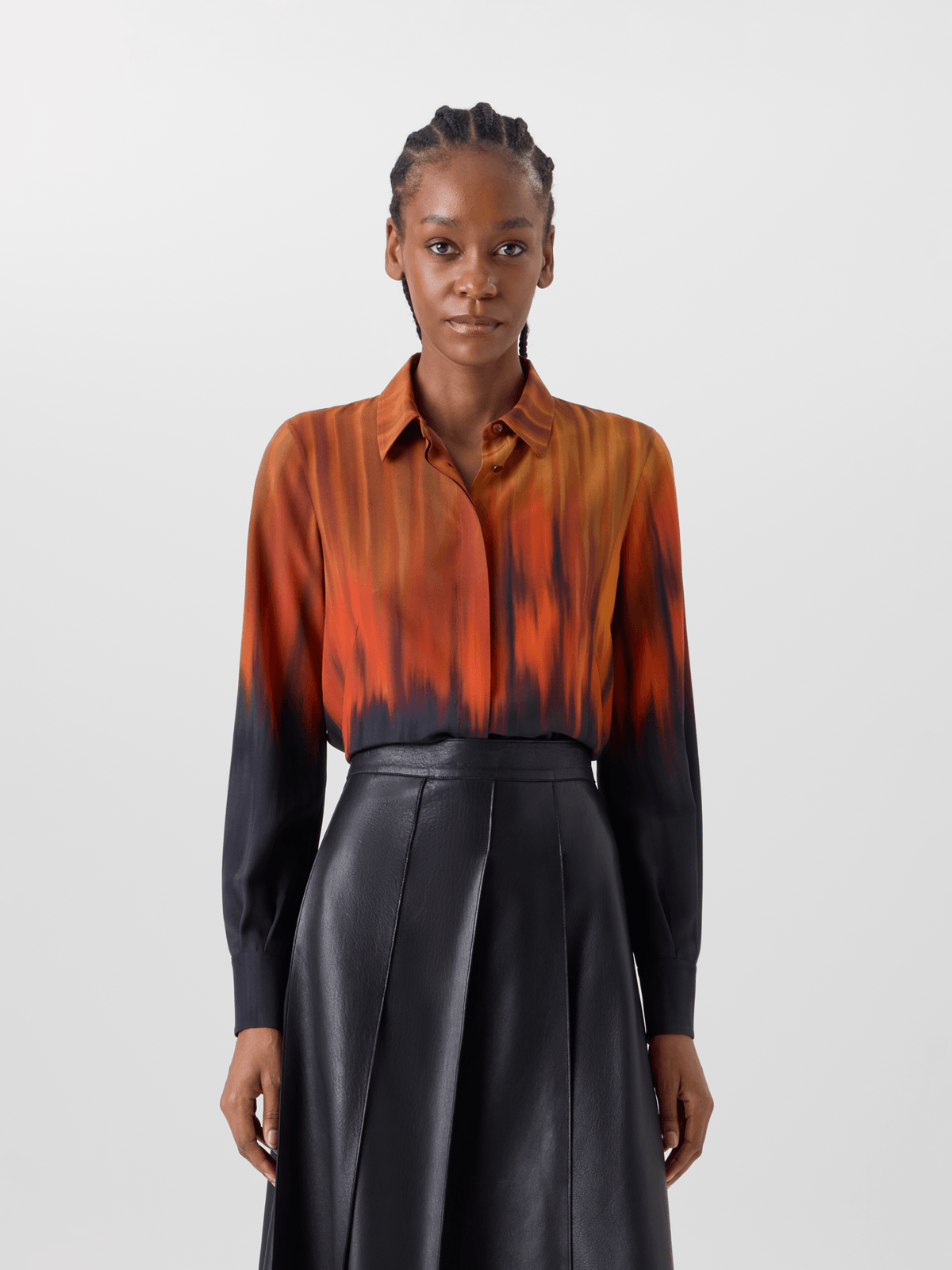 Designer Silk Blouse in Fuego Negro Print - black - red - multicolor - orange #editorial