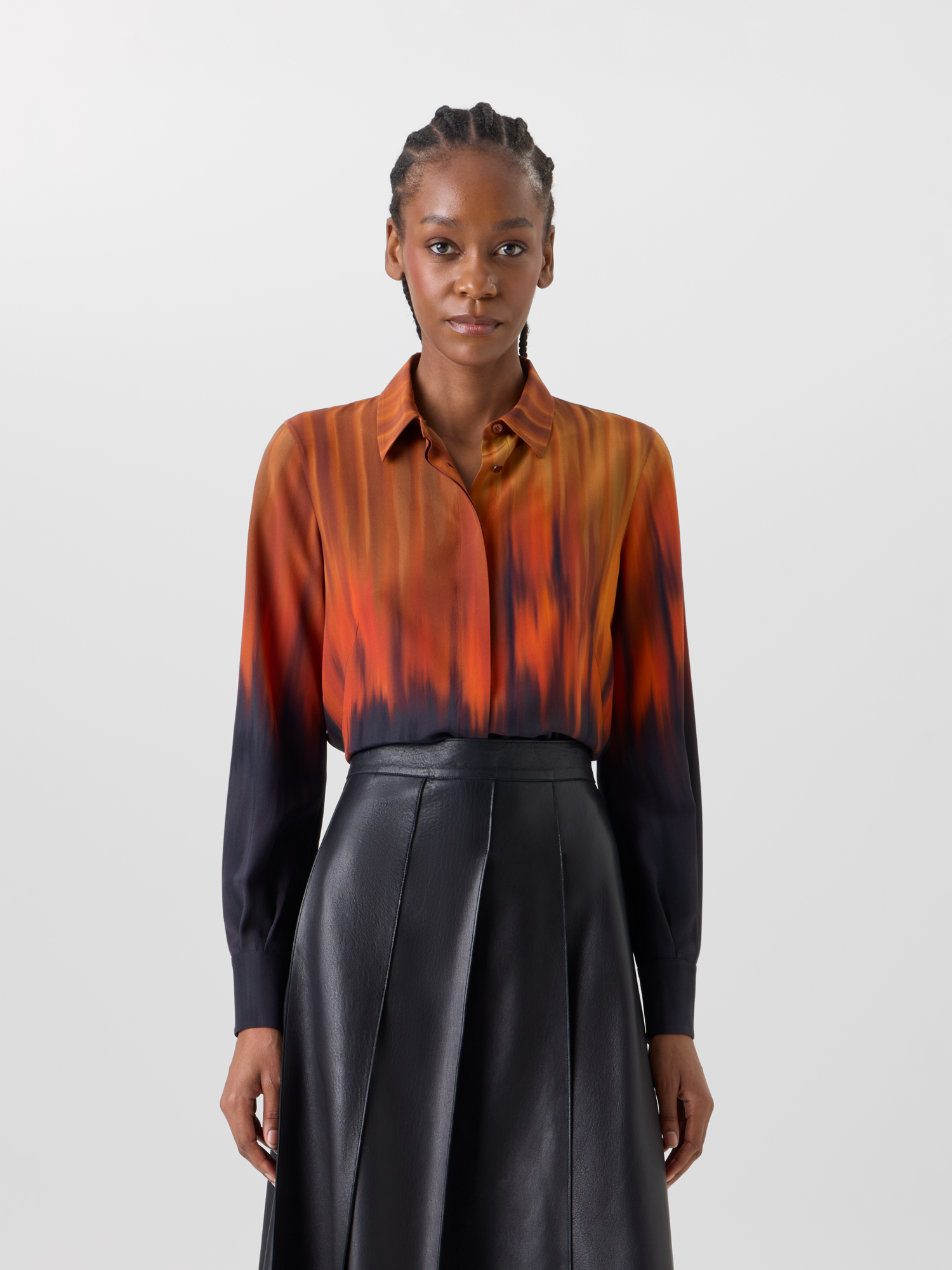 Designer Silk Blouse in Fuego Negro Print - black - red - multicolor - orange 
