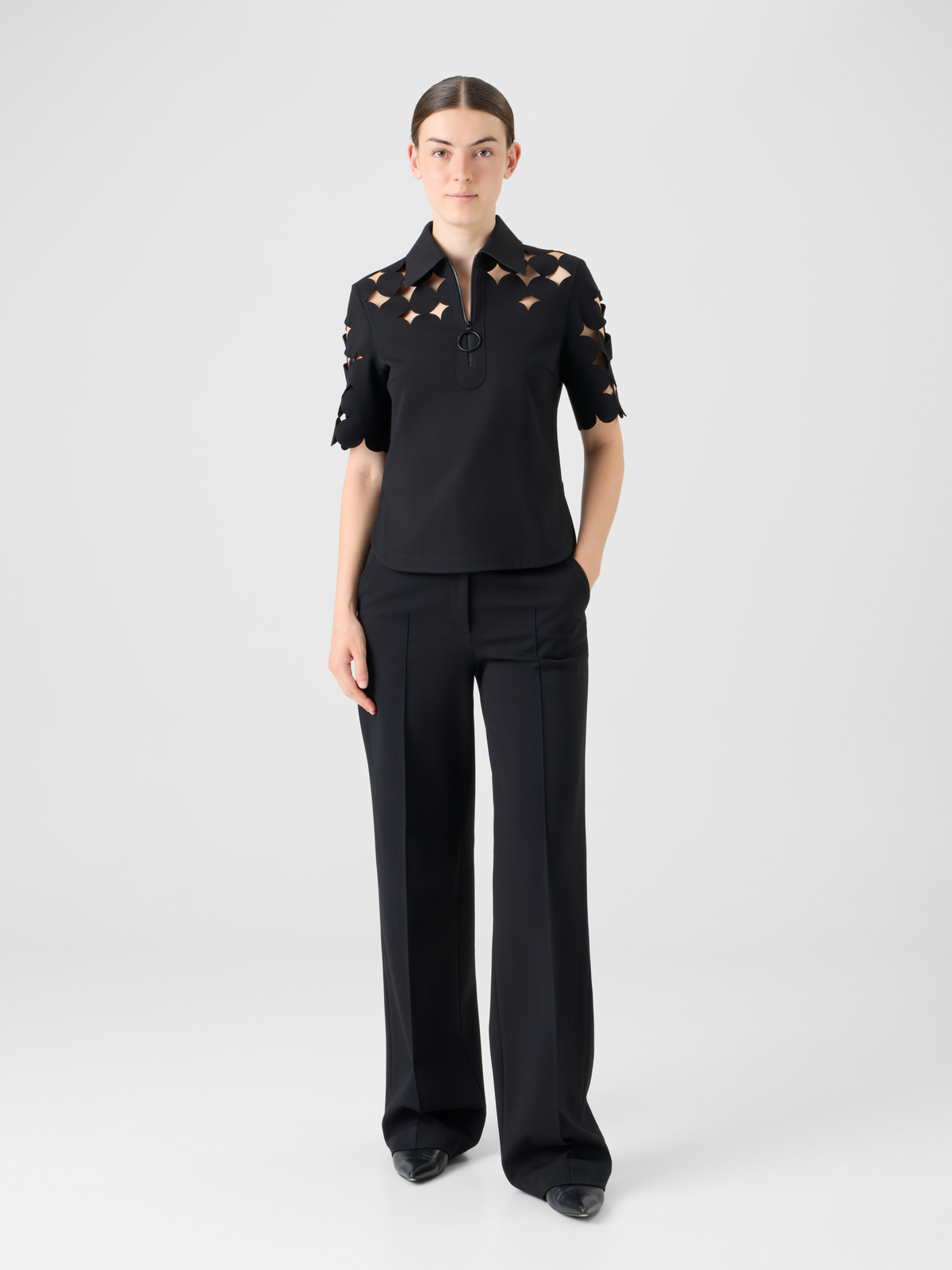 Designer Dropping Dot Cut-Out Polo Shirt - black #editorial