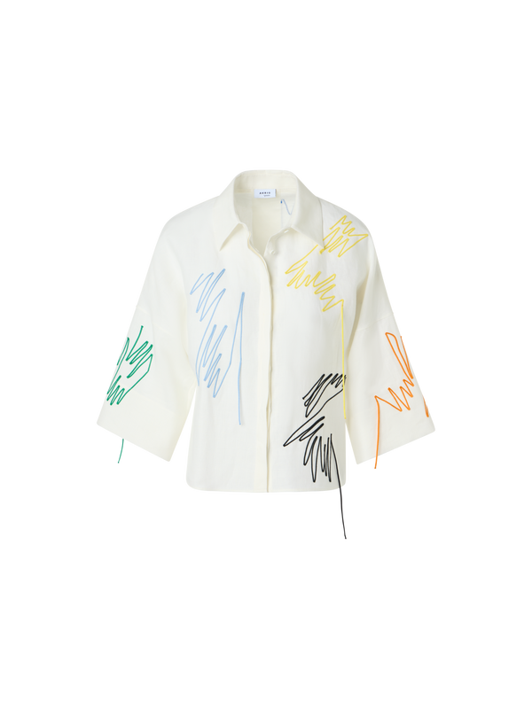 Designer Linen Cropped Blouse with Scribble Application - white