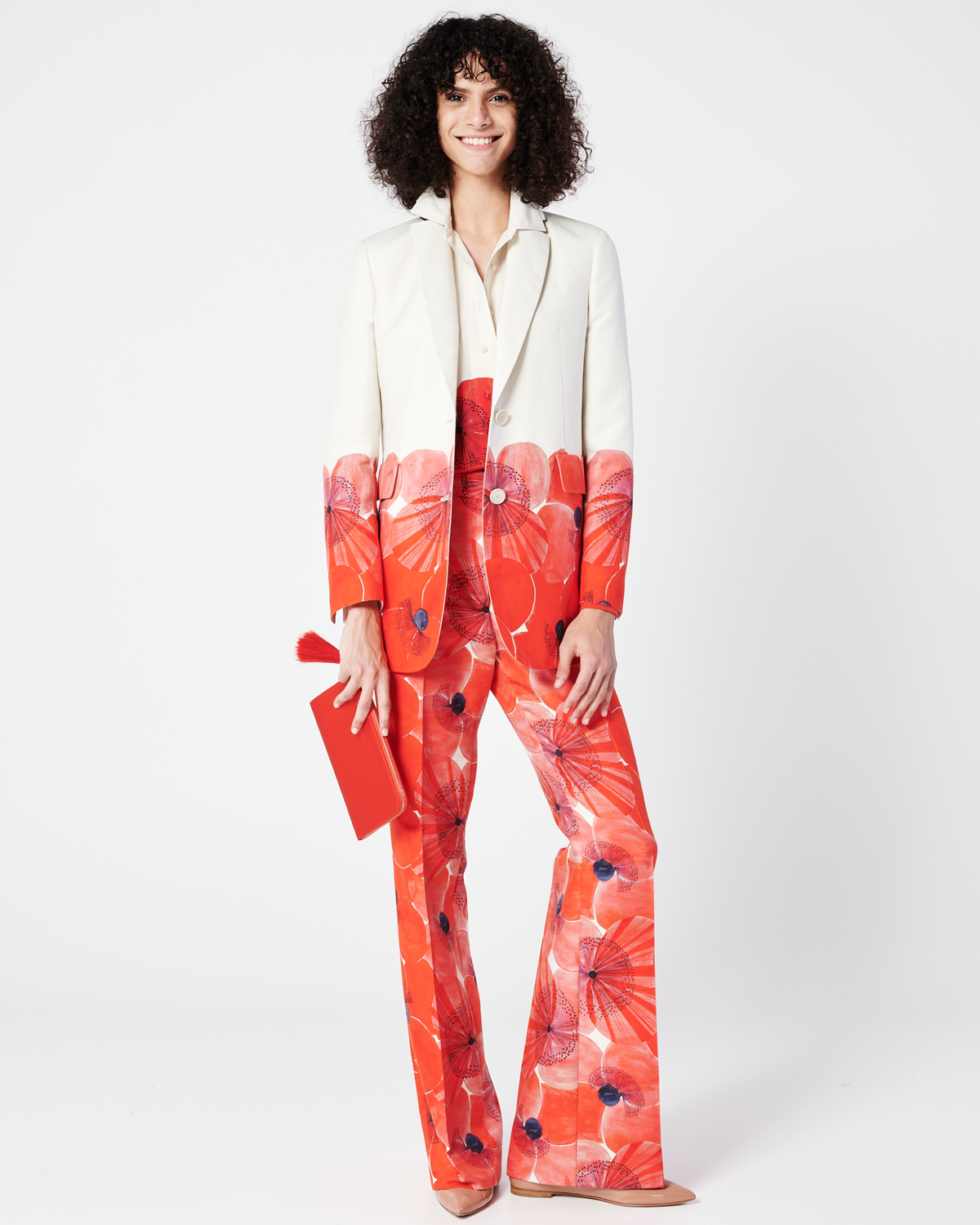 Designer Long Double-Face Jacket with Poppy Print - multicolor - red #editorial