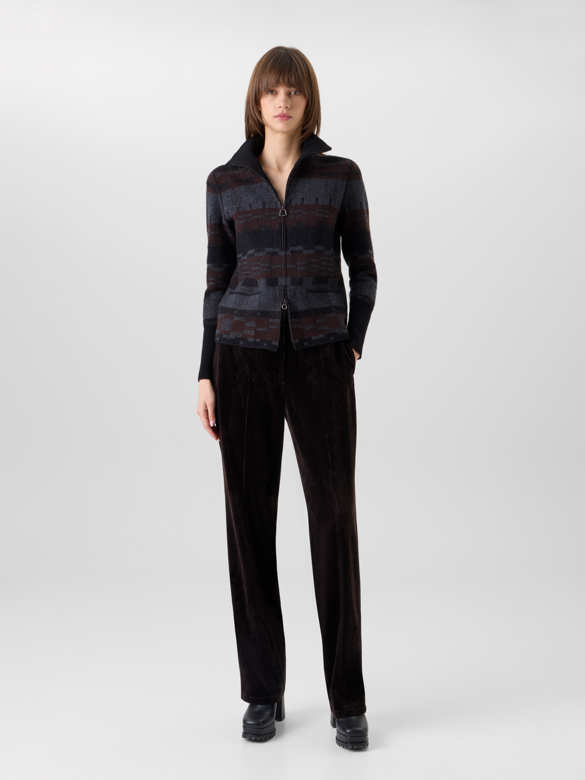 Designer Cashmere Jacquard Cardigan - multicolor - brown - grey 