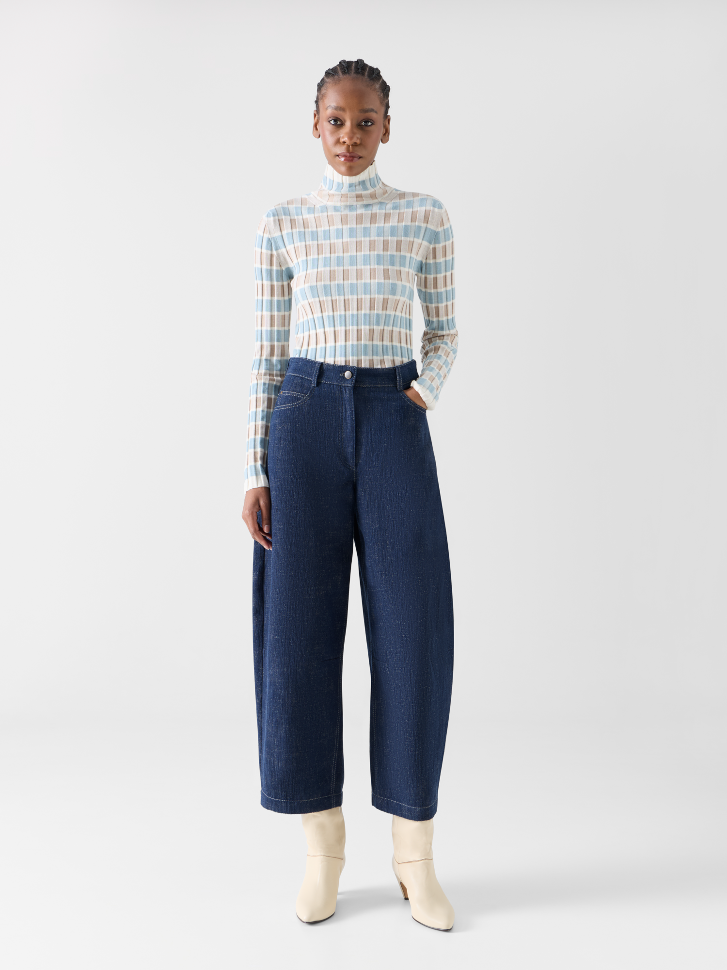 Designer Barrel Leg Pants in Brushed Winter Denim - navy 
